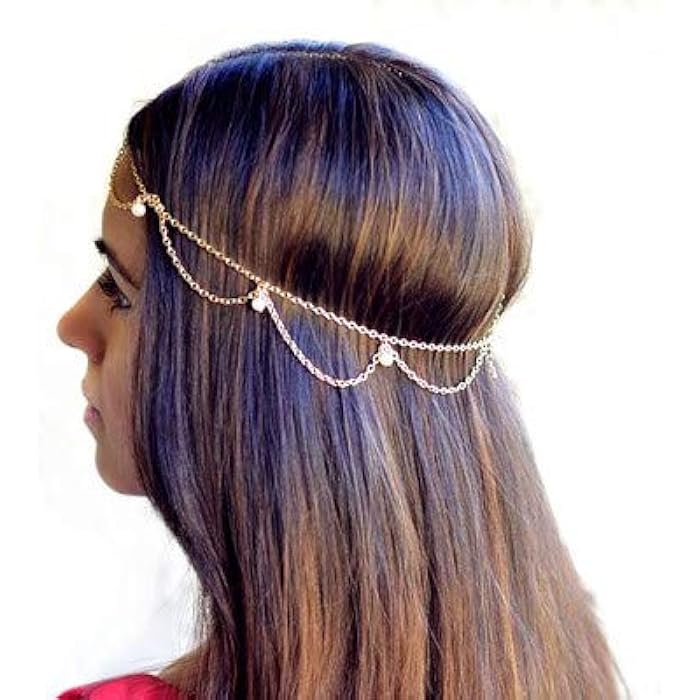 Bomine Boho Pearl Head Chain Tassel Hair Chain Forehead Festival Wedding Headpieces Hair Acessories for Women and Girls (Gold) - Image 2